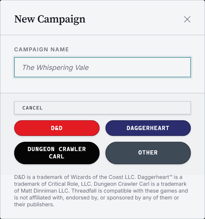 The new campaign form with the game choices, Dungeon Crawler Carl selected.
