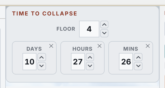 The Live screen's floor clock, with the floor, days, hours and minutes set.