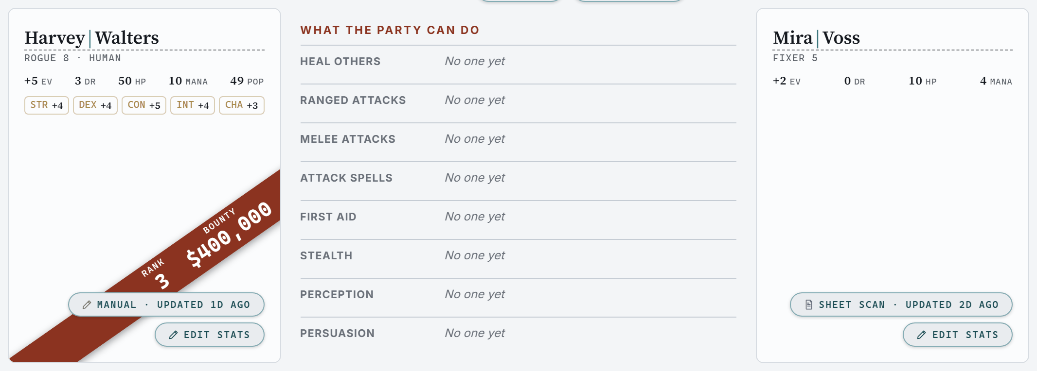 The Party page: two crawler cards with their numbers and attributes, one wearing a Rank and Bounty sash, and the list of what the party can do.