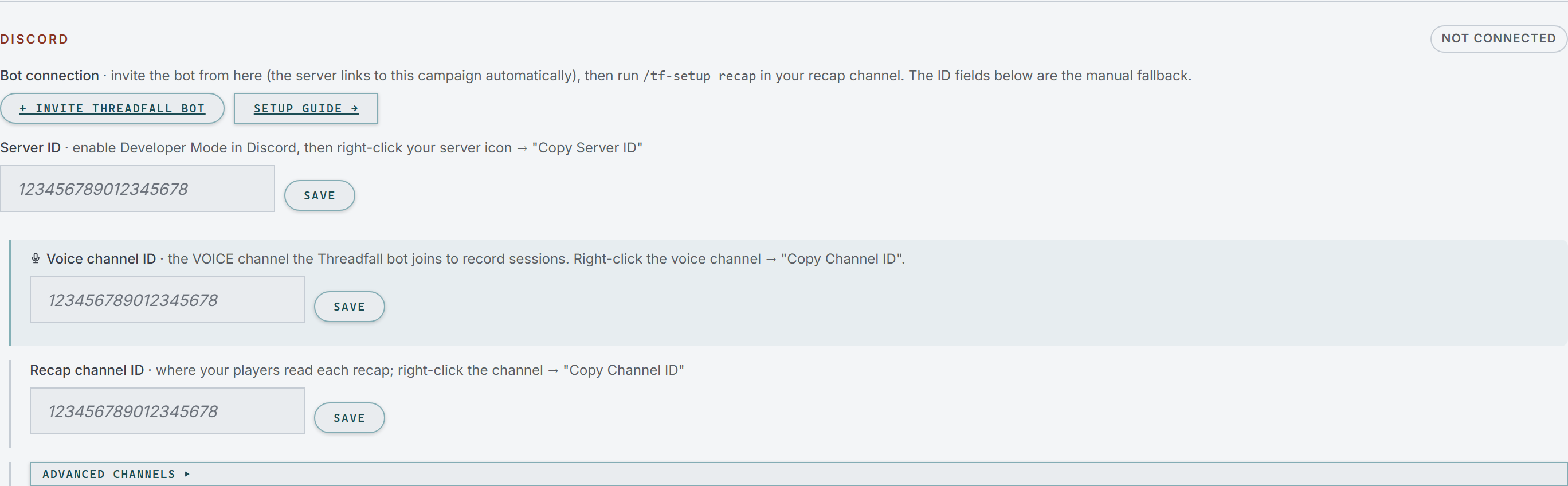 The Discord section of the Manage tab, with the Invite Threadfall bot button and empty Server ID, voice channel and recap channel fields.