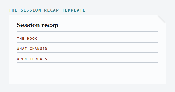 A blank session recap sheet with fields for the hook, what changed, and open threads.