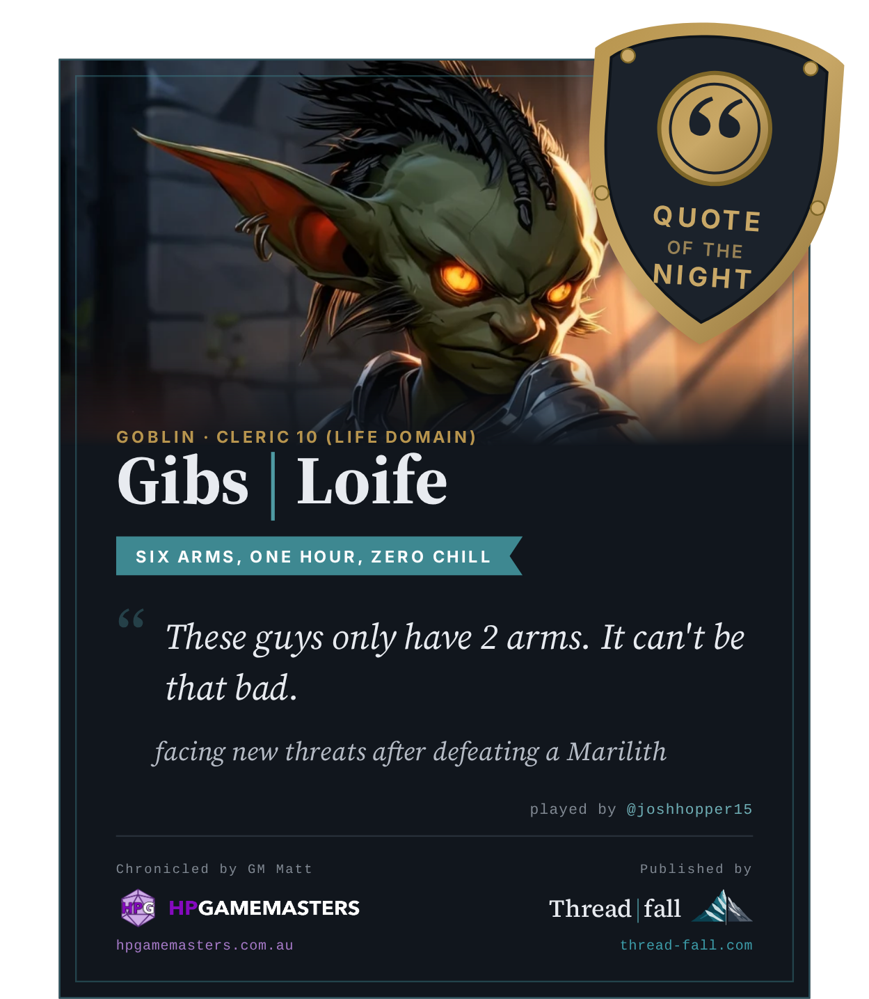 A Quote of the Night winner card from a real recorded session