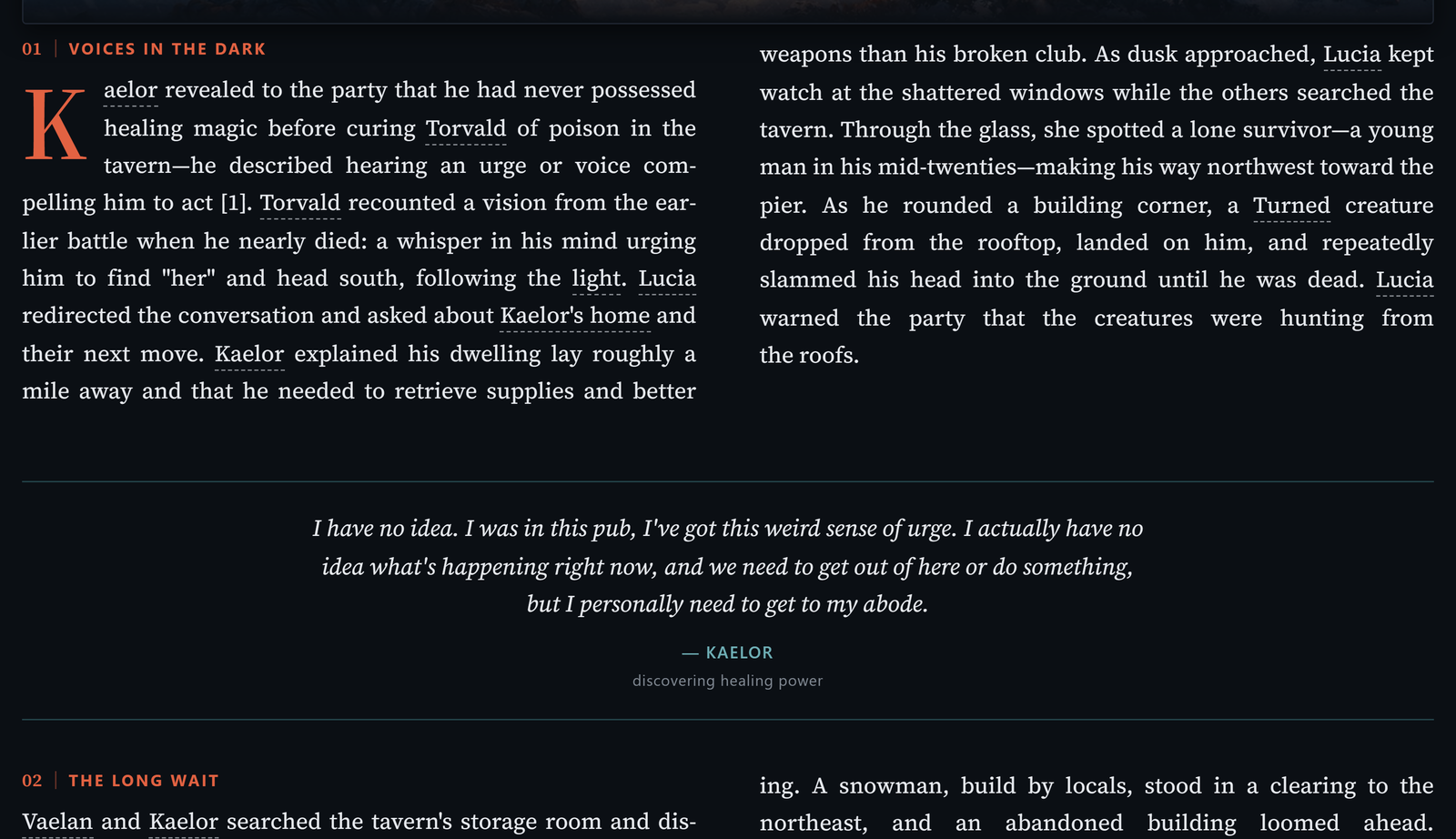 A recap chapter set as two columns of narrative prose, with the table's own lines pulled out as quotes