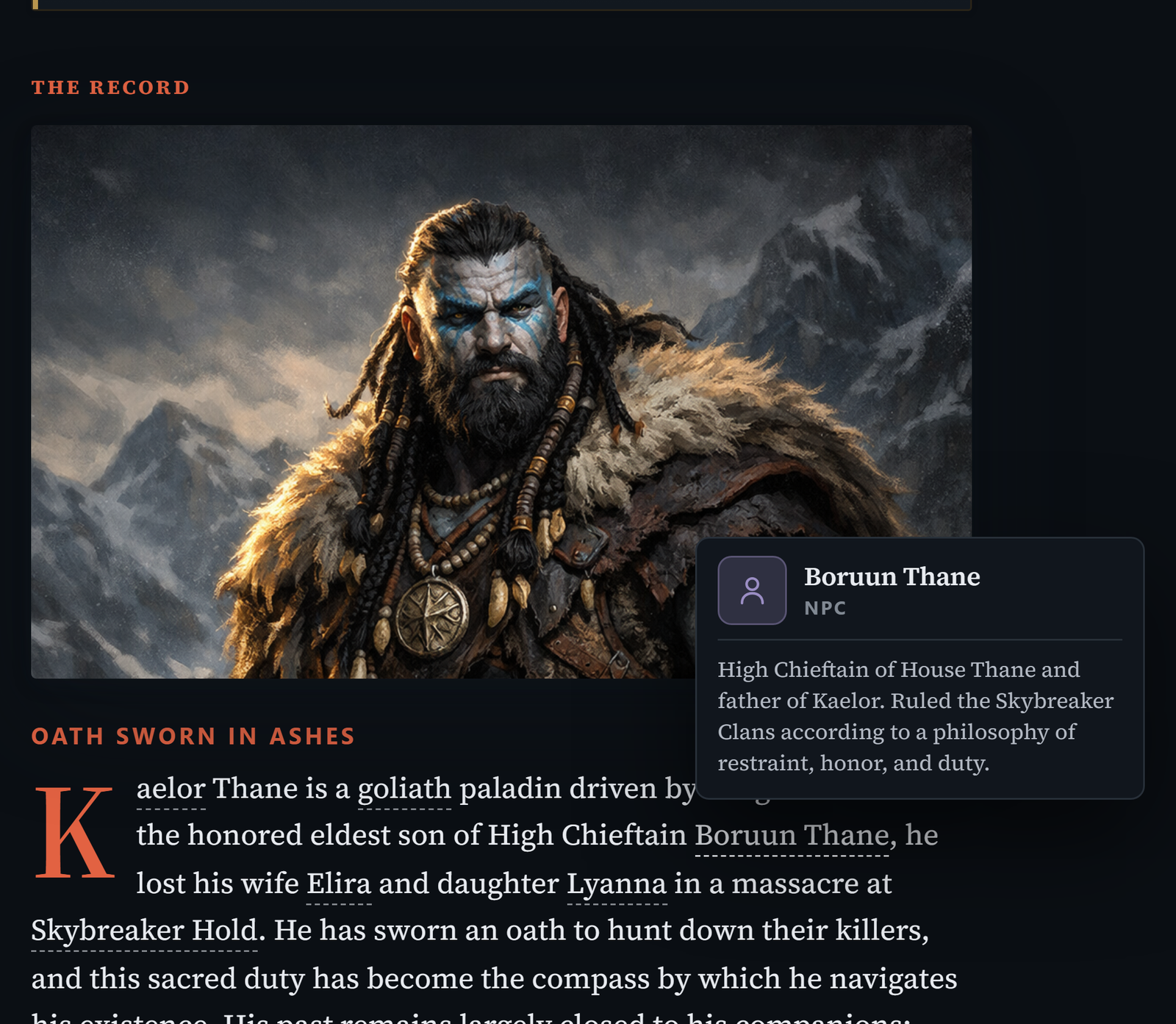 A codex entry with its portrait, and a hover preview reminding you who a linked NPC is