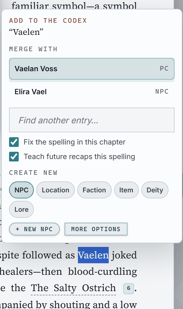 A misspelled name selected in a chapter, with the Add to the Codex menu open: a suggested entry to merge with, two spelling options ticked, and a row of types for a new entry.